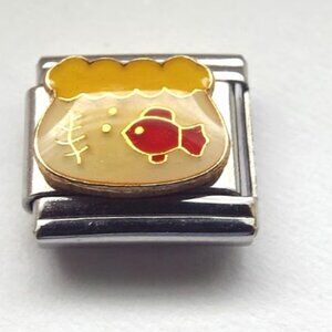 Enamel goldfish in a bowl 9mm stainless steel Italian charm bracelet link new